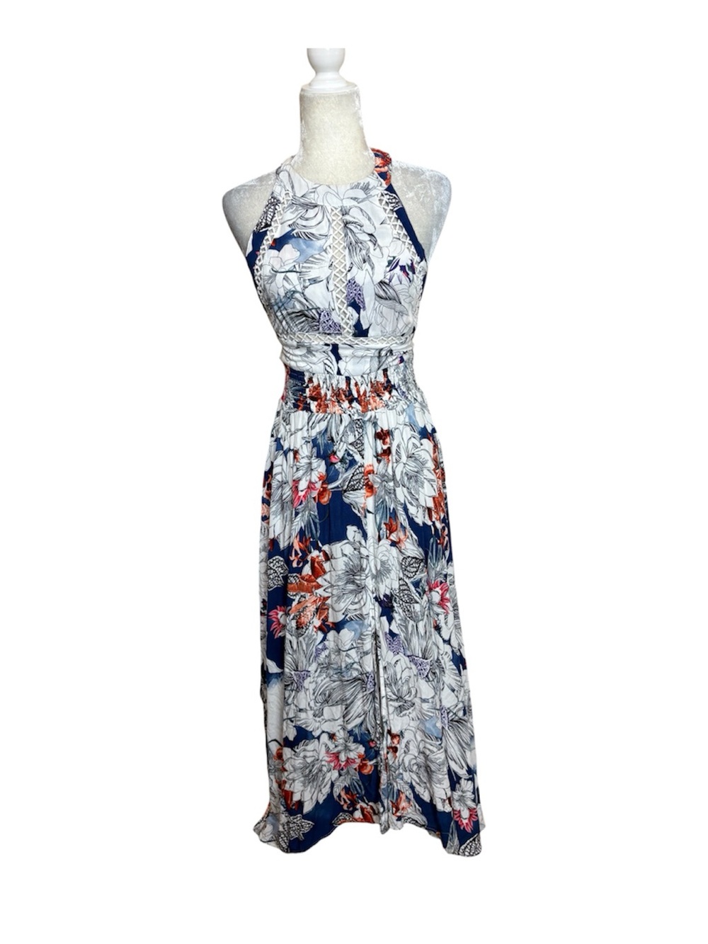 Jaase Navy & White Floral Halter Maxi Split Skirt Rayon Feminine Dress Size XS - Picture 2 of 13